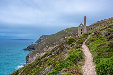 Fototapeta na wymiar Tin Mines Stone Brick Cornwall Coast UK Cornish Sea Holiday Landscape Hike