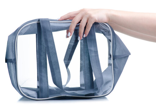 Gray Transparent Bag Pvc In Hand On White Background Isolation