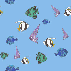 Seamless pattern hand drawn illustration of tropical fish. A versatile pattern that is suitable for printing on clothing and souvenirs.