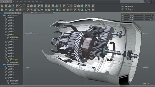 Computer CAD Software showing Design of an Industrial Sustainable Green Energy Turbine / Engine in 3D. Efficient Eco-Friendly Motor Prototype Animation. VFX