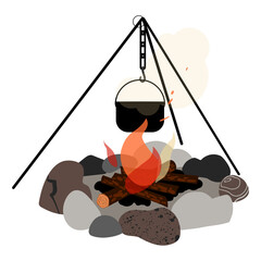Fototapeta Campfire and hanger with a cooking pot hanging from it. Vector illustration. obraz