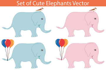 Obraz na płótnie Canvas Set of cute elephant vector. Blue and pink elephants with balloons and birds on isolated white background.