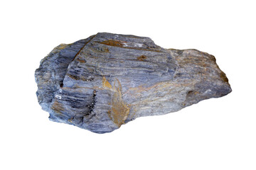 Stone specimen of gneiss and schist rock isolated on a white background. metamorphic rock.