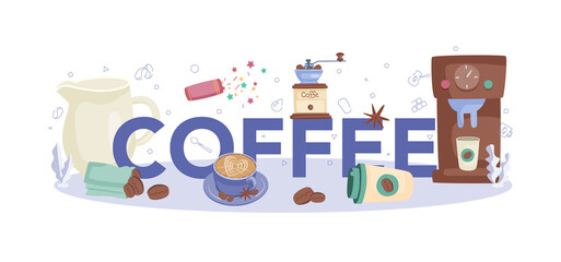 Coffee typographic header. Bartender making a cup of hot coffe.