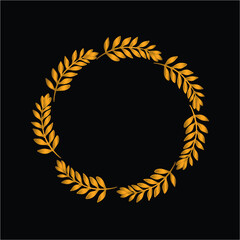 Gold round frame laurel isolated on black olive wreath leaves branch, Decorative element, Place for text. Use to postcard, website, template, label.