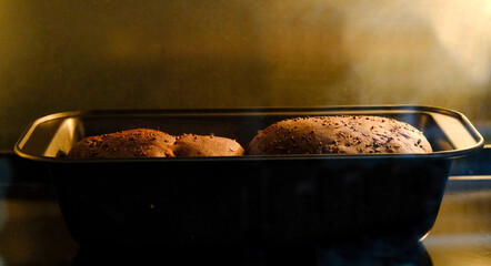 fresh bakery shop baking cake in hot oven eletric. brown bread cereal bake by chef.
