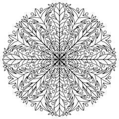 mandala of leaves of different sizes drawn for coloring on a white background, vector