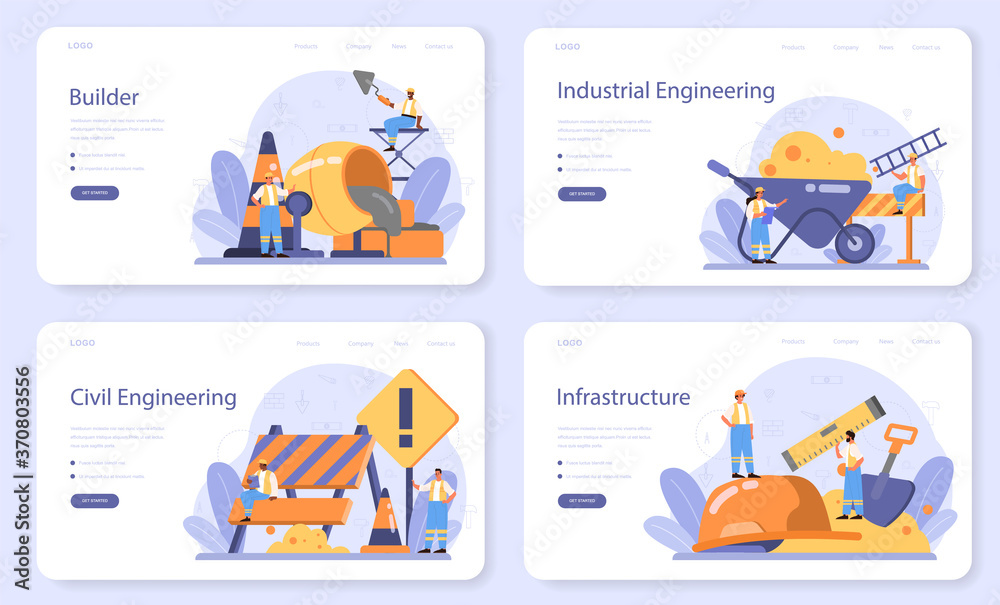 Wall mural house building web banner or landing page set. workers constructing