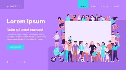 Crowd of happy people with blank placard flat vector illustration. Cartoon multicultural men and women standing together. Community, society and population concept