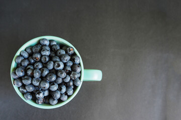 dark blue blueberries in a turquoise colored circle on a dark background top view