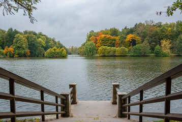 View from the stairway to the pond, The Tsaritsyno Park in autumn, Moscow, Russia