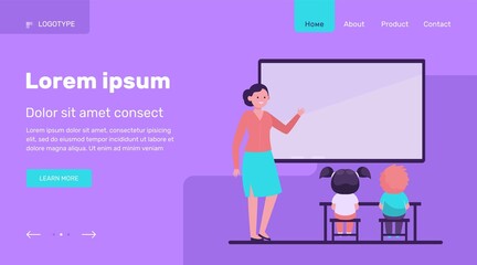 Female teacher explaining lesson for kids. School, children, study flat vector illustration. Education and learning concept for banner, website design or landing web page