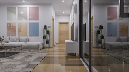 Fototapeta na wymiar Nighttime Rendering of an Illuminated Living Room with Sliding Doors 3D Rendering