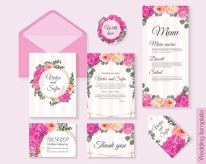 Set of vector wedding invitations. Hydrangea, rose, peony, eucalyptus, green plants and flowers. Invitation card, thank you, rsvp, round postcard, menu, label. Pink stripes, golden shapes.