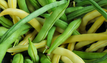 Fresh raw green and yellow bean pods like natural background close-up, top view