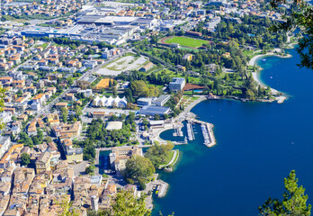 A photo from  above the port and town of Riva del Garda, on the shores of Lake Garda in northern Italy.