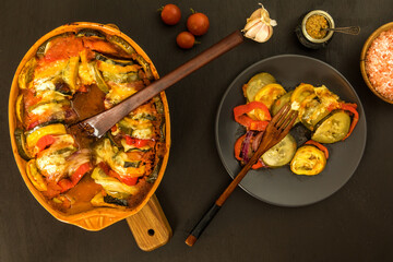 ratatouille vegetarian dish, baked vegetables. Diet vegetable food. Traditional french baked...