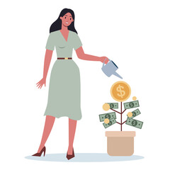 Business character watering a money tree. Happy successfull employe
