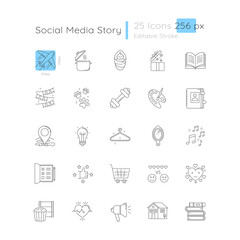 Social media story linear icons set. Travel and tourism. Cooking recipe. Creative hobby. Customizable thin line contour symbols. Isolated vector outline 256 x 256 px illustrations. Editable stroke