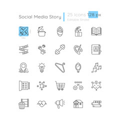 Social media highlight linear icons set. Lifestyle recommendation for online blog. Customizable thin line contour symbols. Isolated vector outline 128 x 128 px illustrations. Editable stroke