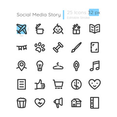 Lifestyle storytelling highlights linear icons set. Travel and entertainment. Pet care. Customizable thin line contour symbols. Isolated vector outline 32 x 32 px illustrations. Editable stroke