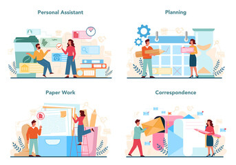 Businessman personal assistant concept set. Professional help and support
