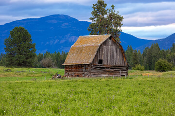 old log gambrel roofed barn located in the Flathead Valley, Montana with mountains in backgroud