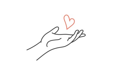 Hands protecting the heart. Line drawing vector illustration.