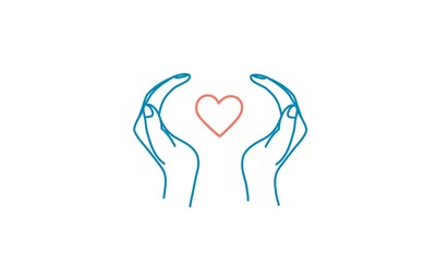 Hands protecting the heart. Line drawing vector illustration.