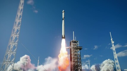 Launch Pad Complex: Successful Rocket Launching with Crew on a Space Exploration Mission. Flying Spaceship Blasts Flames and Smoke on a Take-Off. Humanity in Space, Conquering Universe. Zoom out