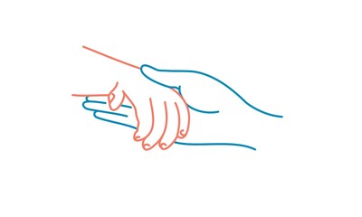 Adult hand holds a child's hand. Line drawing vector illustration.