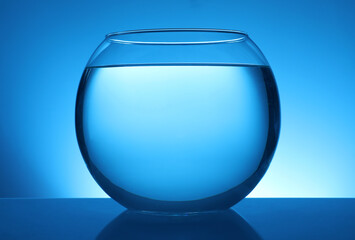 Glass fish bowl with clear water on blue background