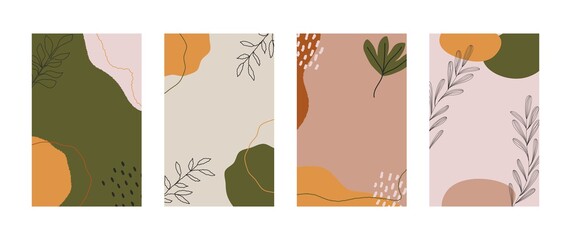 Abstract posters. Contemporary background set with hand drawn scribble shapes floral elements scandinavian style
