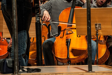 Cellist playing. Concert test of the 9th symphony