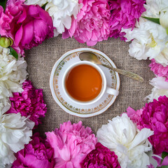 Cup of tea and white and pink peonies on a canvas background