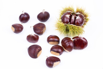 Chestnut Isolated. Roasted sweet chestnuts for Christmas on white background. Top view. 