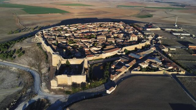Aerial view in walled village of Urue&ntilde;a, Valladolid,Spain. Drone Footage