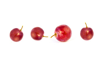 Grapes arranged in a horizontal row With a white background