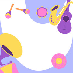 Colorful music instrument banner. Musical event poster with text space for social media. Modern flat vector illustration