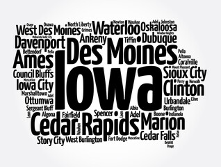 List of cities in Iowa USA state, map silhouette word cloud, map concept background