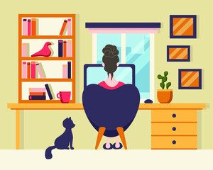 Vector color illustration: a girl at home working at a computer