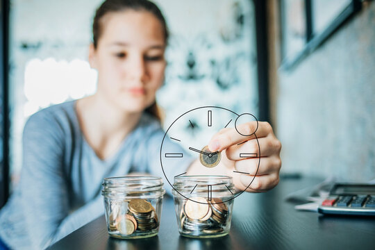 Illustration Of A Clock On The Background Of A Handful Of Coins In Female Hands. Time Is Money.