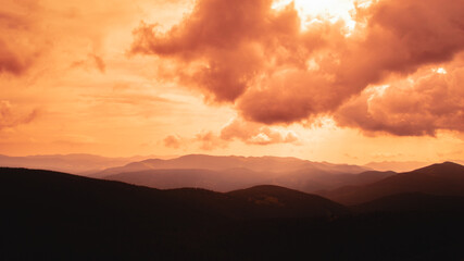 Carpathian Mountains. Panorama of green hills in summer mountain