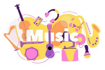 Classical musical instruments circle composition: tambourine, harp maracas ets. Modern trendy flat illustration