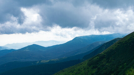 Carpathian Mountains. Panorama of green hills in summer mountain