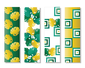 four bookmarks vector set with tropical leaves in green and yellow colors - floral green theme