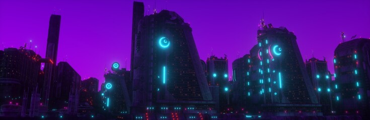 Neon urban future. Night in a futuristic city. Wallpaper in a cyberpunk style. Industrial landscape with bright neon lights and huge futuristic buildings against purple sky. 3D illustration.