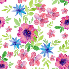 Seamless background with floral ornaments. A pattern of pink and blue flowers with green twigs. Watercolor flowers with drips and spots on a white background. Juicy summer background.