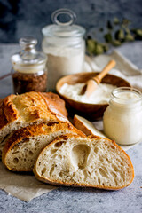 Artisan sourdough bread cut into slices on a dark background close-up, vertical background.Slices of bread close up