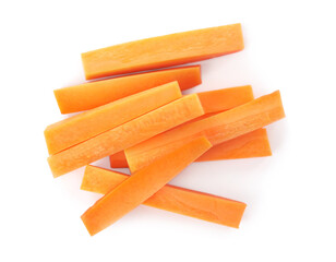 Pieces of fresh ripe carrot isolated on white, top view